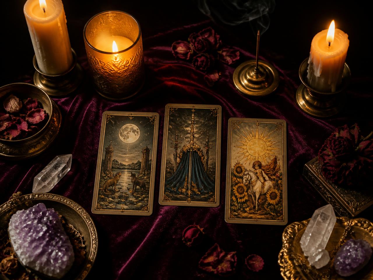 Tirada de tres cartas de Tarot sobre terciopelo vino, con velas encendidas, cuarzos, amatista y pétalos de rosa